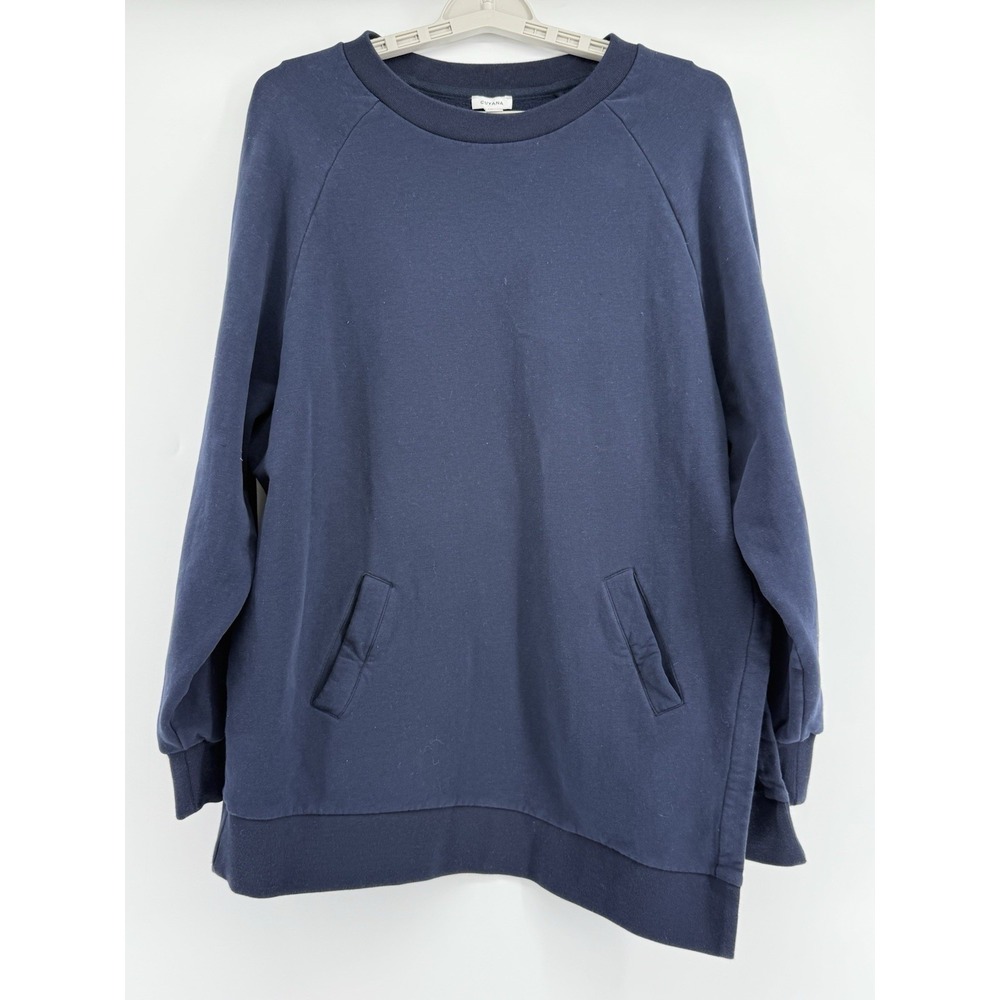 Cuyana Supina Cotton Sweatshirt Navy Blue Women's Pullover Crewneck Pockets Sz L